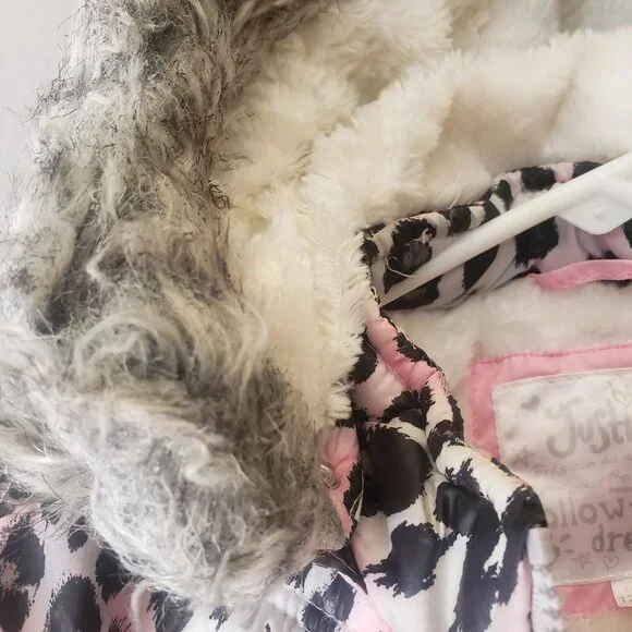 Justice Girls Leopard Print Winter Jacket Faux Fur Hood Interior Size L 12 14 - Picture 4 of 10